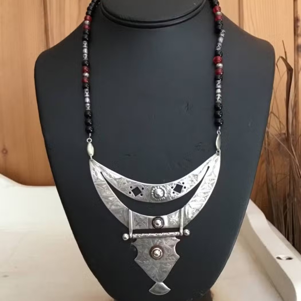 Sterling Silver Tuareg Statement Necklace • 28g Hand-Engraved Tribal Pendant